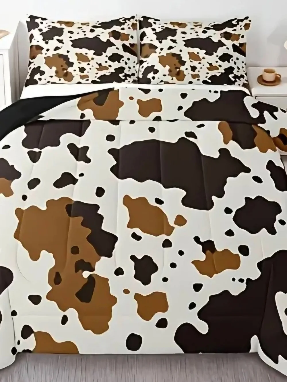 3pc Cowhide Print Comforter Set in White and Brown